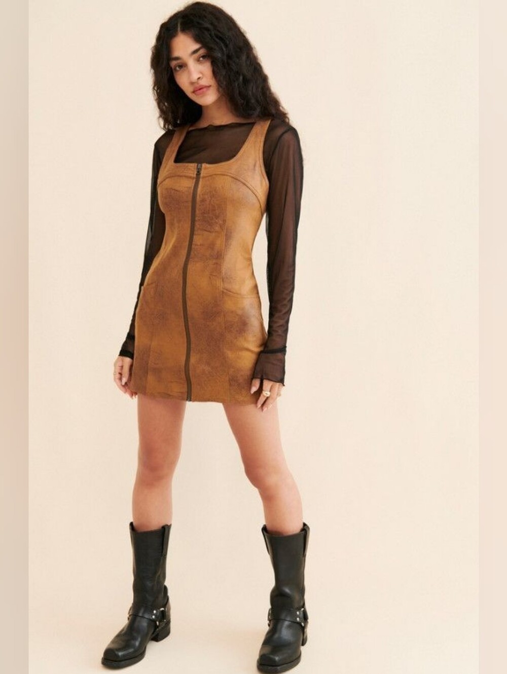 Free People Western Wind Mini Dress Faux Leather Brown Sz XS Cowgirl Retro Fall